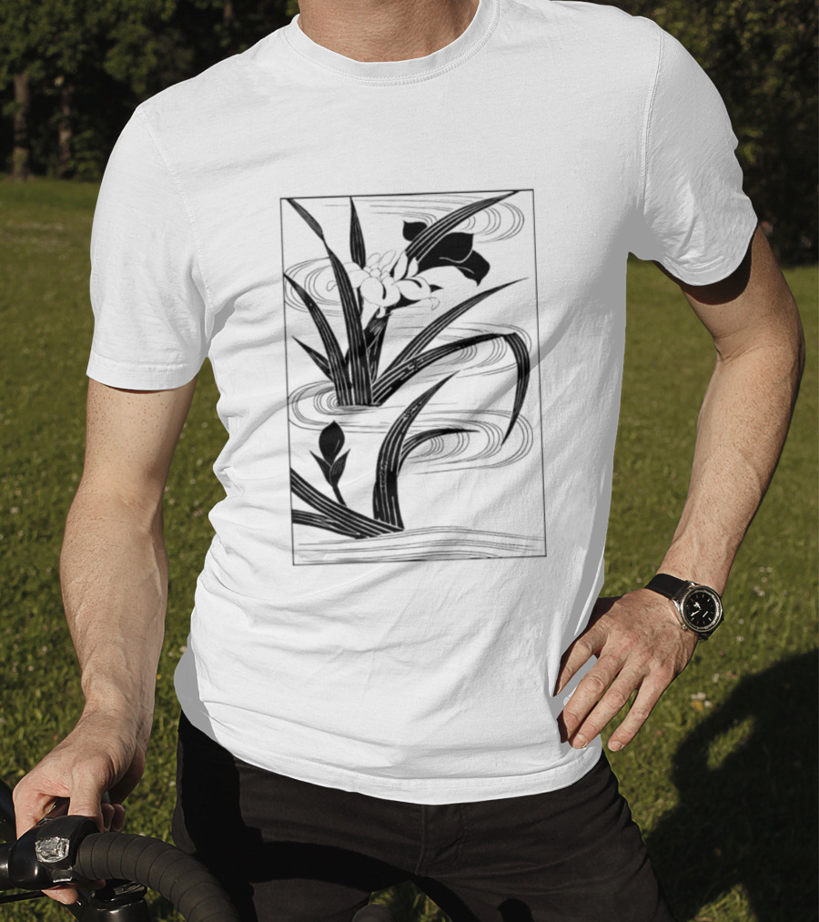 Japanese Black And White Irises In Water With Flowing Waves T-Shirt