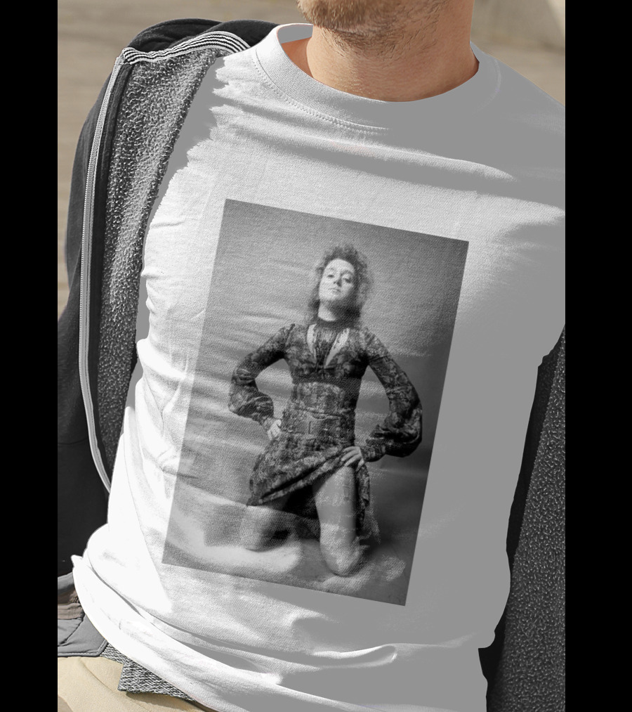 Valie Export Iconic Performance Tribute Kneeling Image With Patterned Dress And Belt T-Shirt