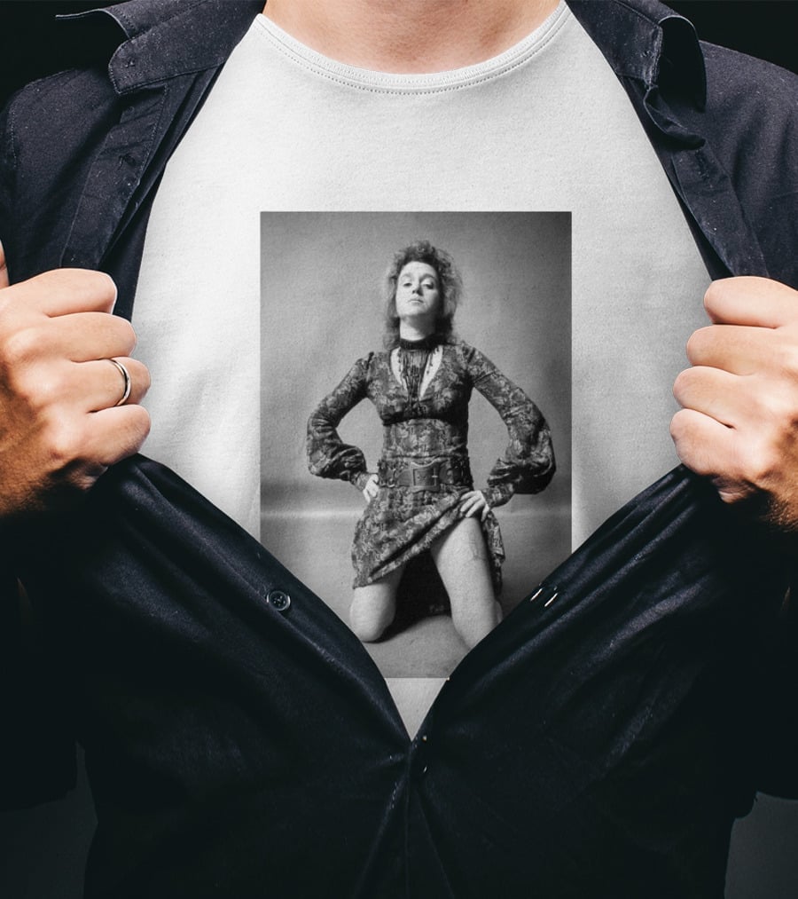 Valie Export Iconic Performance Tribute Kneeling Image With Patterned Dress And Belt T-Shirt
