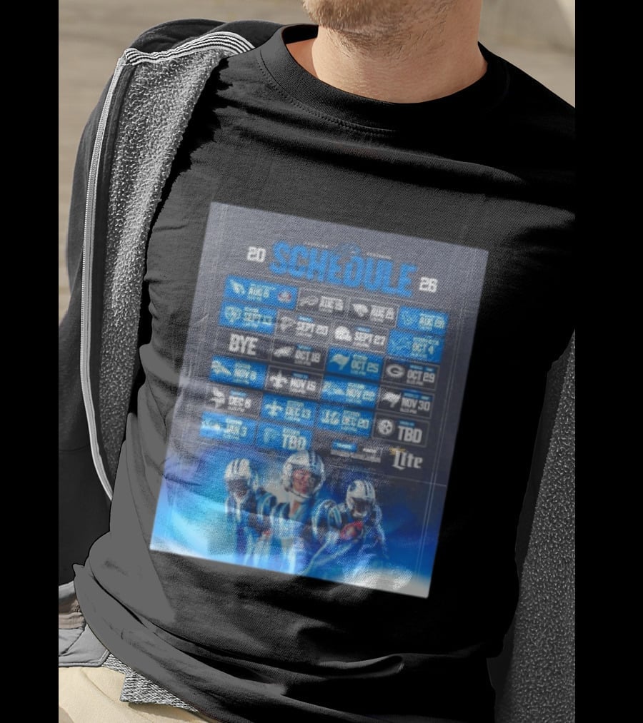 Carolina Panthers 2026 Game Schedule With Player Imagery And Opponent Logos T-Shirt