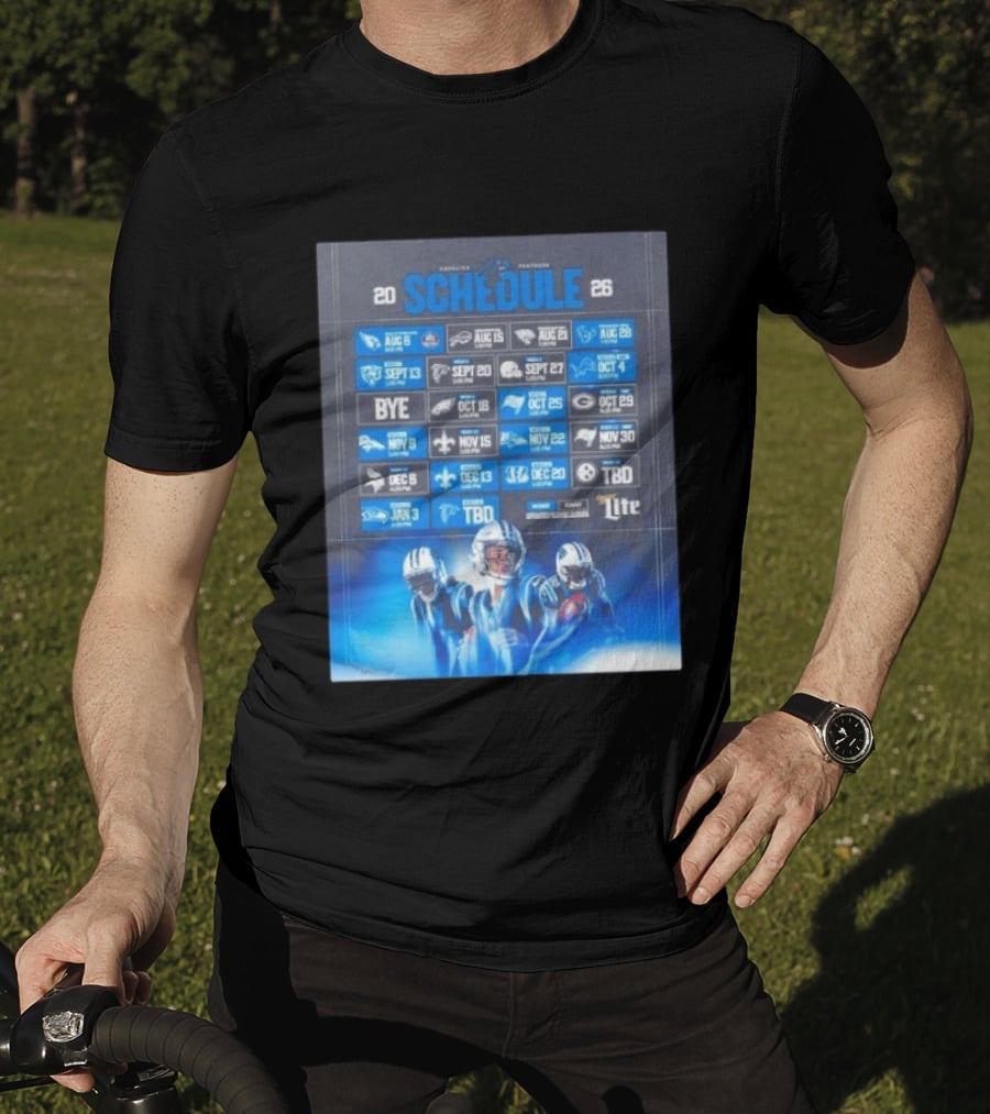 Carolina Panthers 2026 Game Schedule With Player Imagery And Opponent Logos T-Shirt