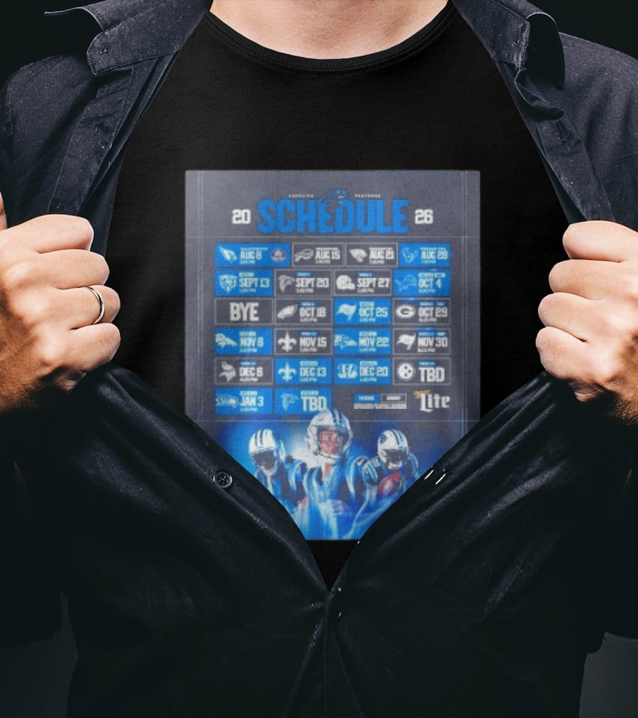 Carolina Panthers 2026 Game Schedule With Player Imagery And Opponent Logos T-Shirt