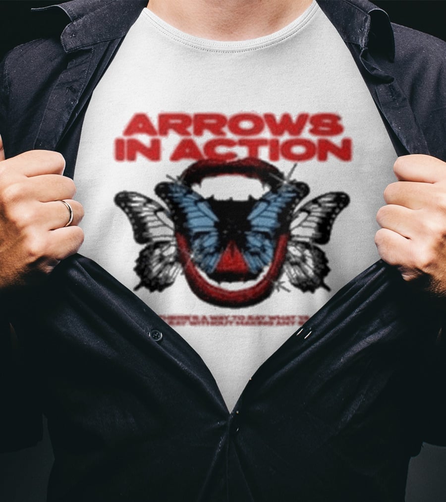 Arrows In Action Red Text Blue Butterfly T-Shirt