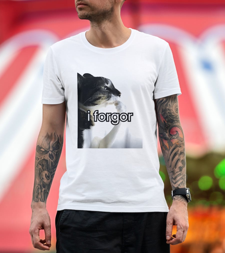 Cat I Forgor Meme Digital Image Paw Licking Pensive Moment T-Shirt