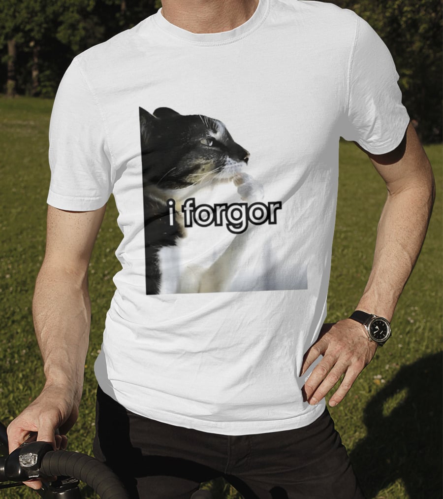 Cat I Forgor Meme Digital Image Paw Licking Pensive Moment T-Shirt