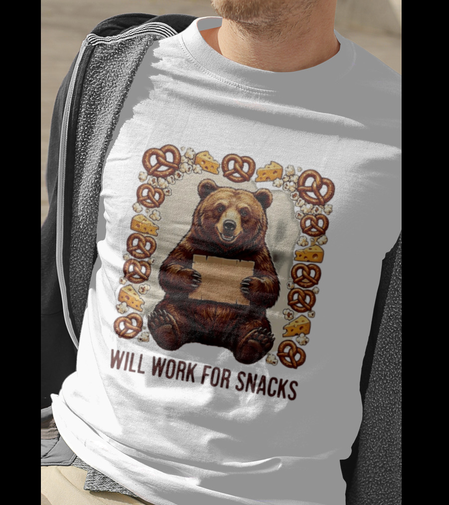 Bear Holding Cardboard Surrounded By Pretzels Cheese Popcorn Will Work For Snacks T-Shirt