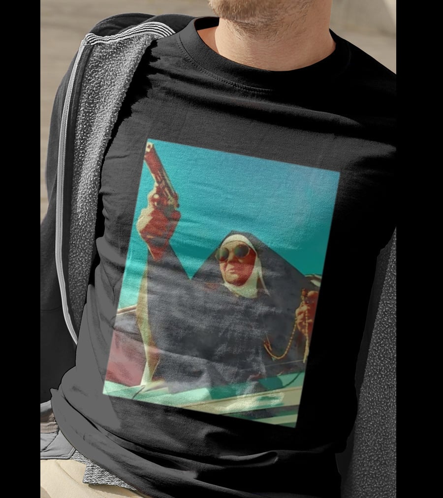 Nun In Black Habit Leaning Out Lowrider With Gun And Rosary T-Shirt