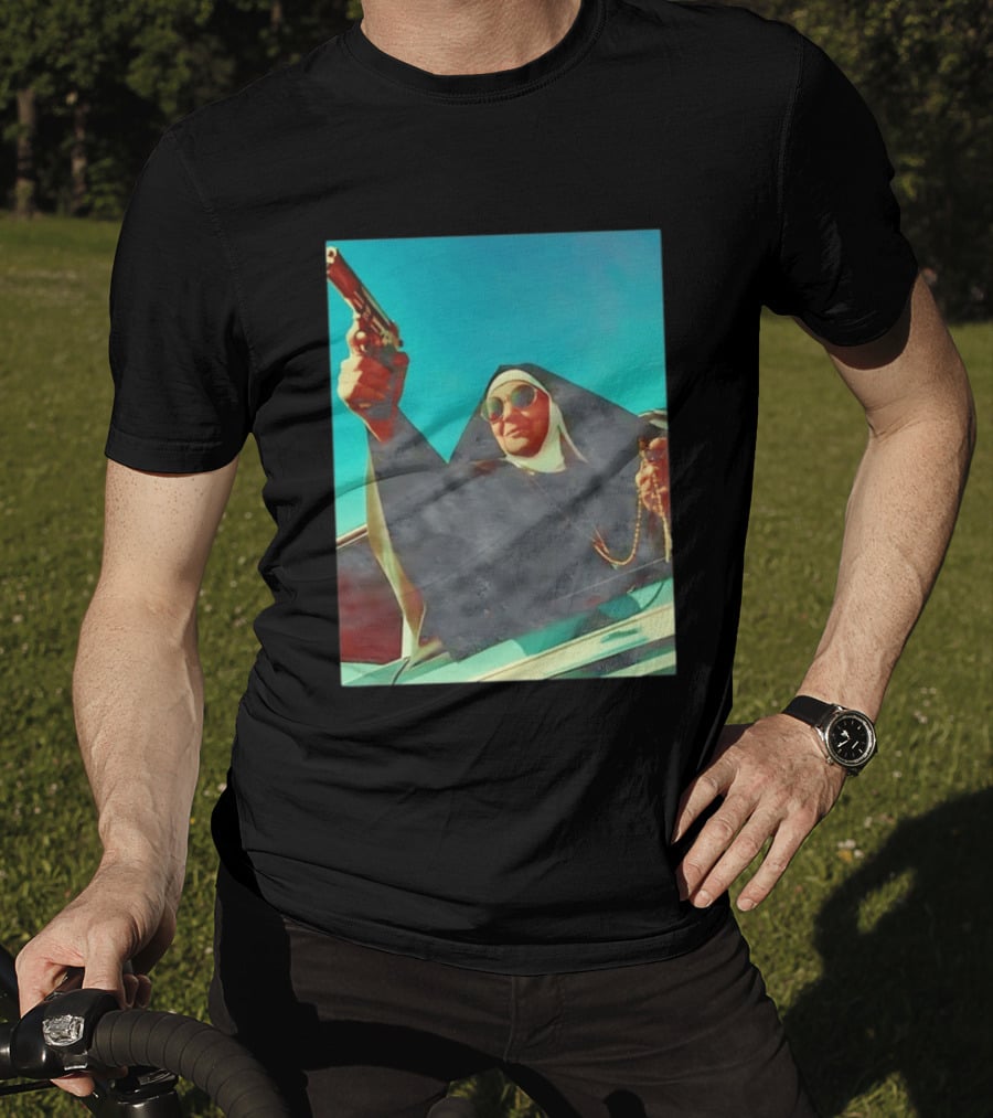 Nun In Black Habit Leaning Out Lowrider With Gun And Rosary T-Shirt
