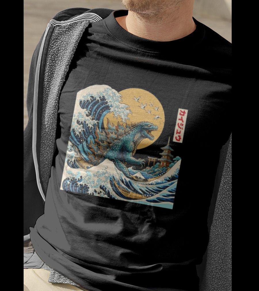 Kaiju Wave Monster Japanese Kawaki Kanji Pagoda Ukiyo E T-Shirt