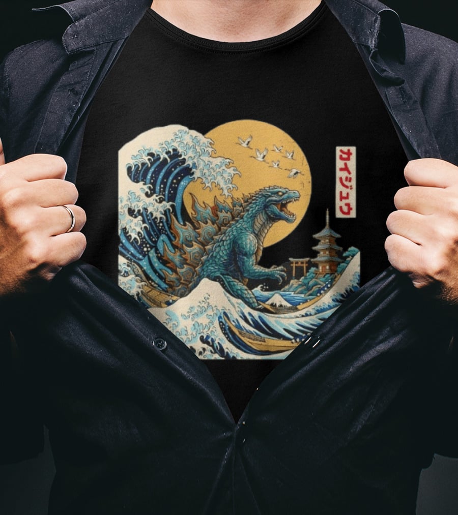 Kaiju Wave Monster Japanese Kawaki Kanji Pagoda Ukiyo E T-Shirt