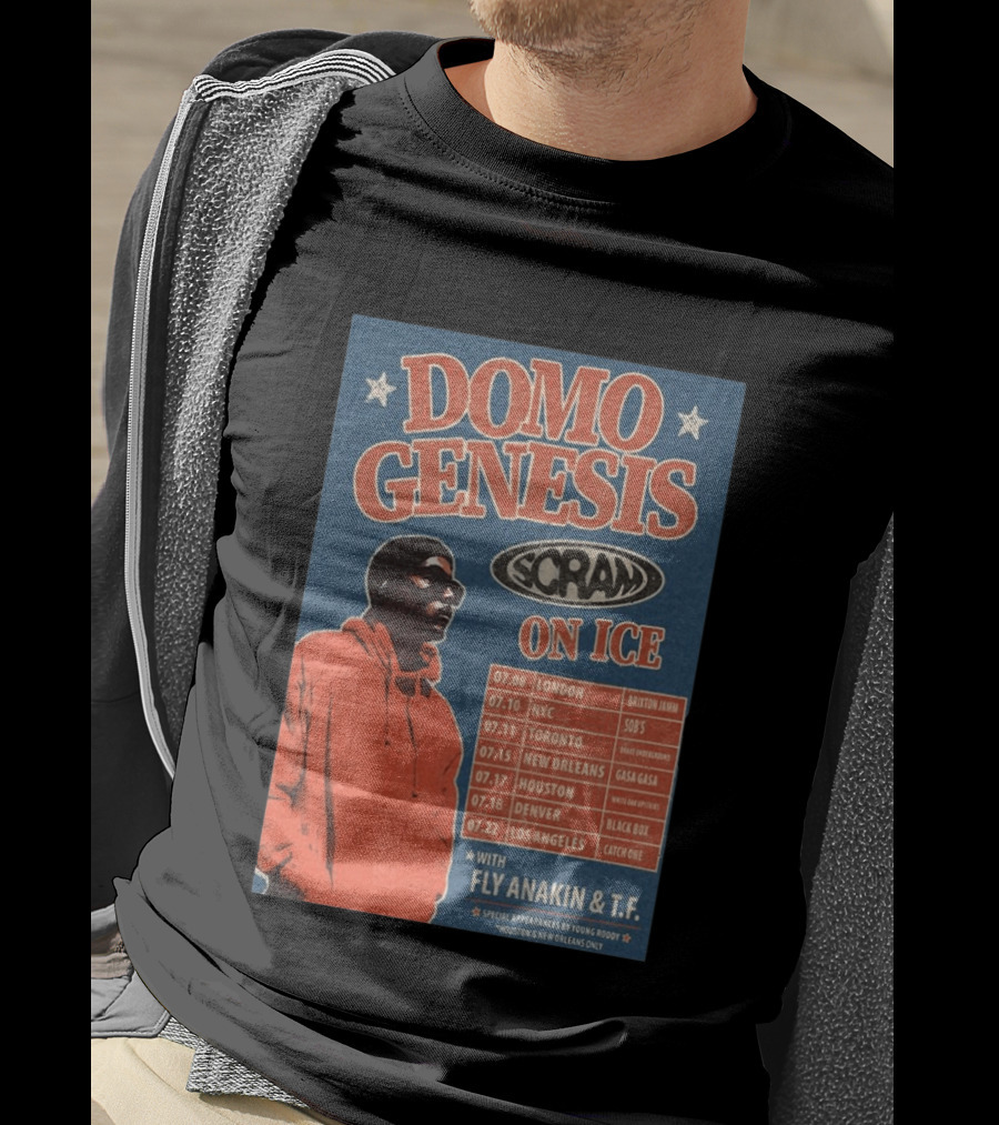 Domo Genesis Scram On Ice World Tour 2026 With Fly Anakin And T.F. London NYC Toronto New Orleans Houston Denver Los Angeles T-Shirt