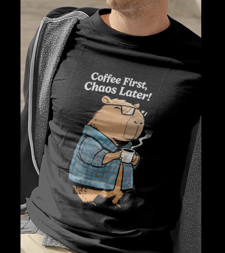 Coffee First Chaos Later Capybara In Plaid With T-Shirt