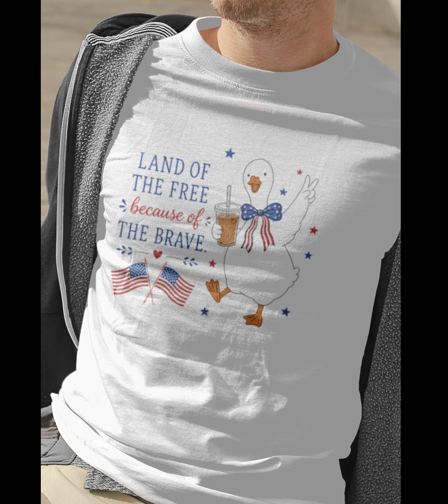 Land Of The Free Because Of The Brave Duck With Flags And Bubble Tea T-Shirt