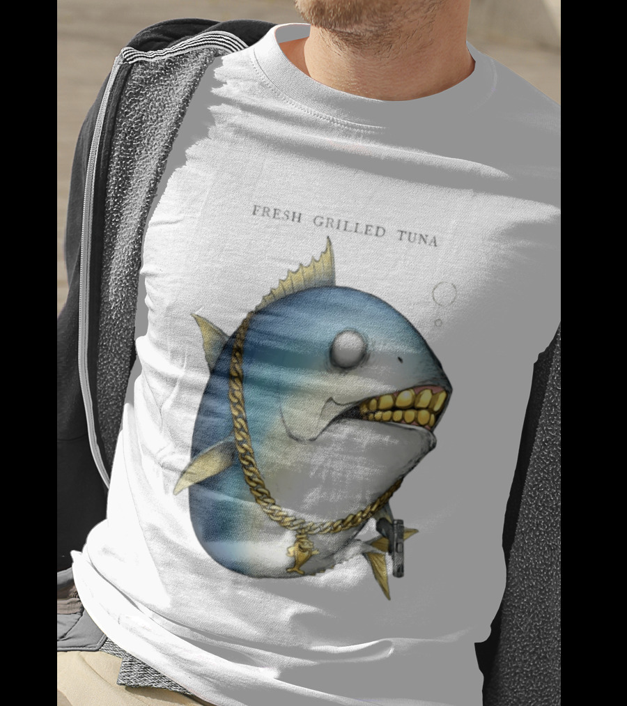 Fish Gun Fresh Grilled Tuna Gangster Chain Gold Teeth T-Shirt