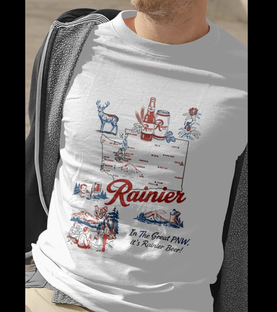 Rainier Beer In The Great PNW Rainier Beer Doodle Washington State Map Wilderness Scene T-Shirt
