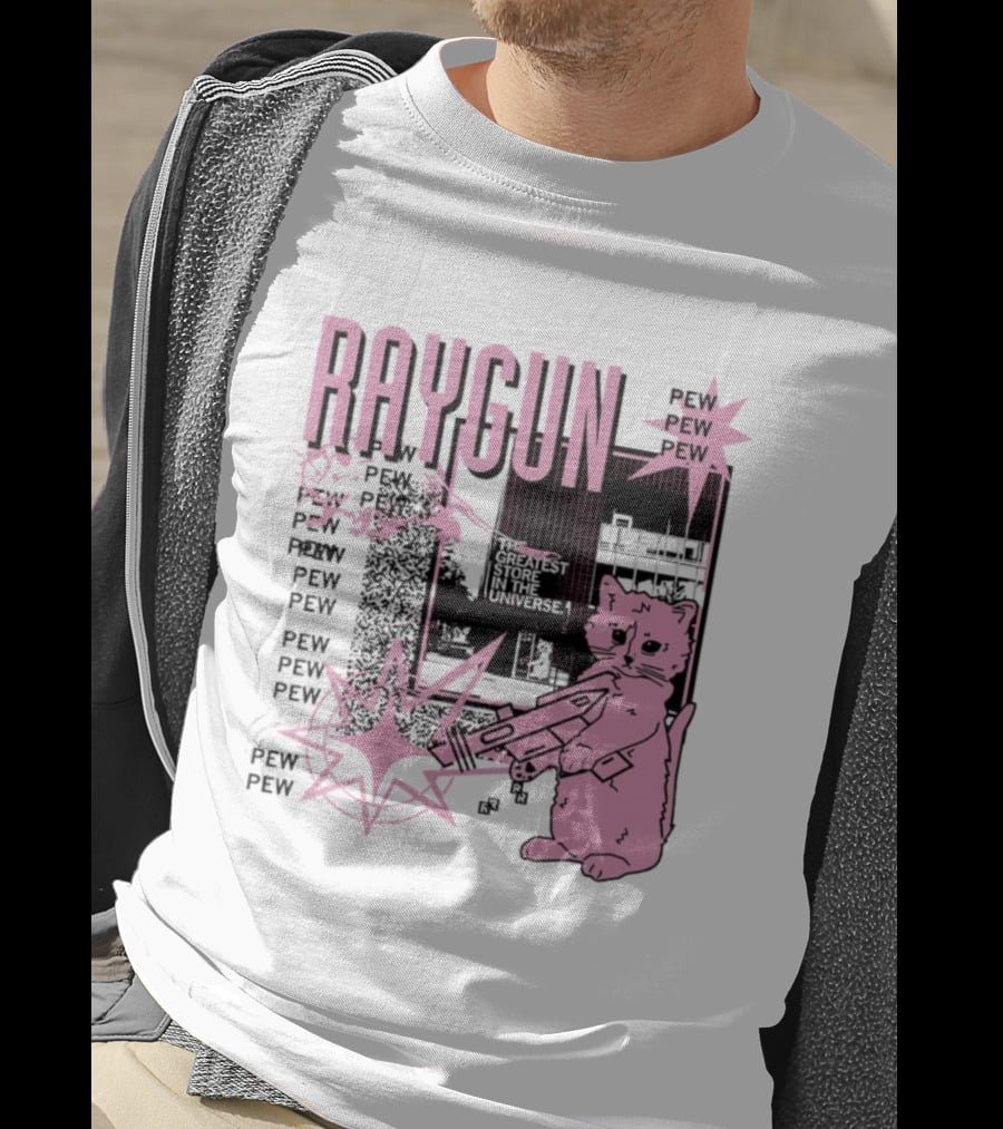 RAYGUN Cat Pew Pew Sci Fi Retro Feline Blaster Adventure T-Shirt