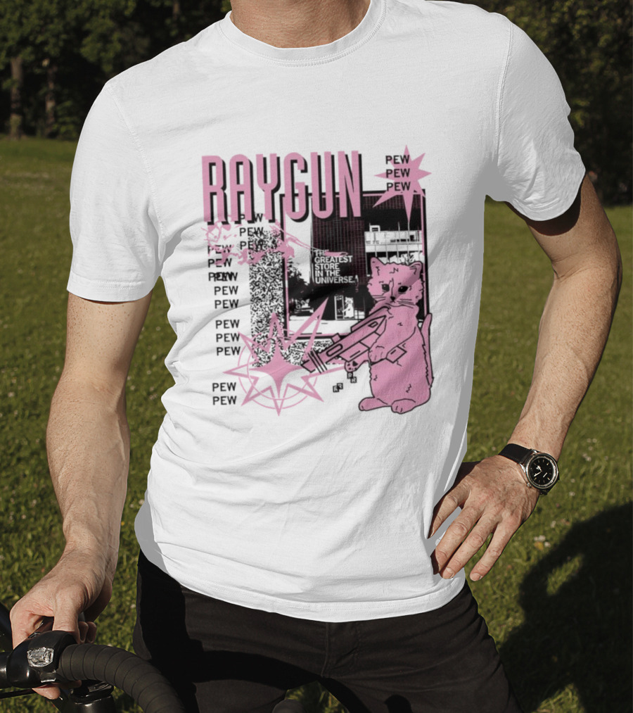 RAYGUN Cat Pew Pew Sci Fi Retro Feline Blaster Adventure T-Shirt