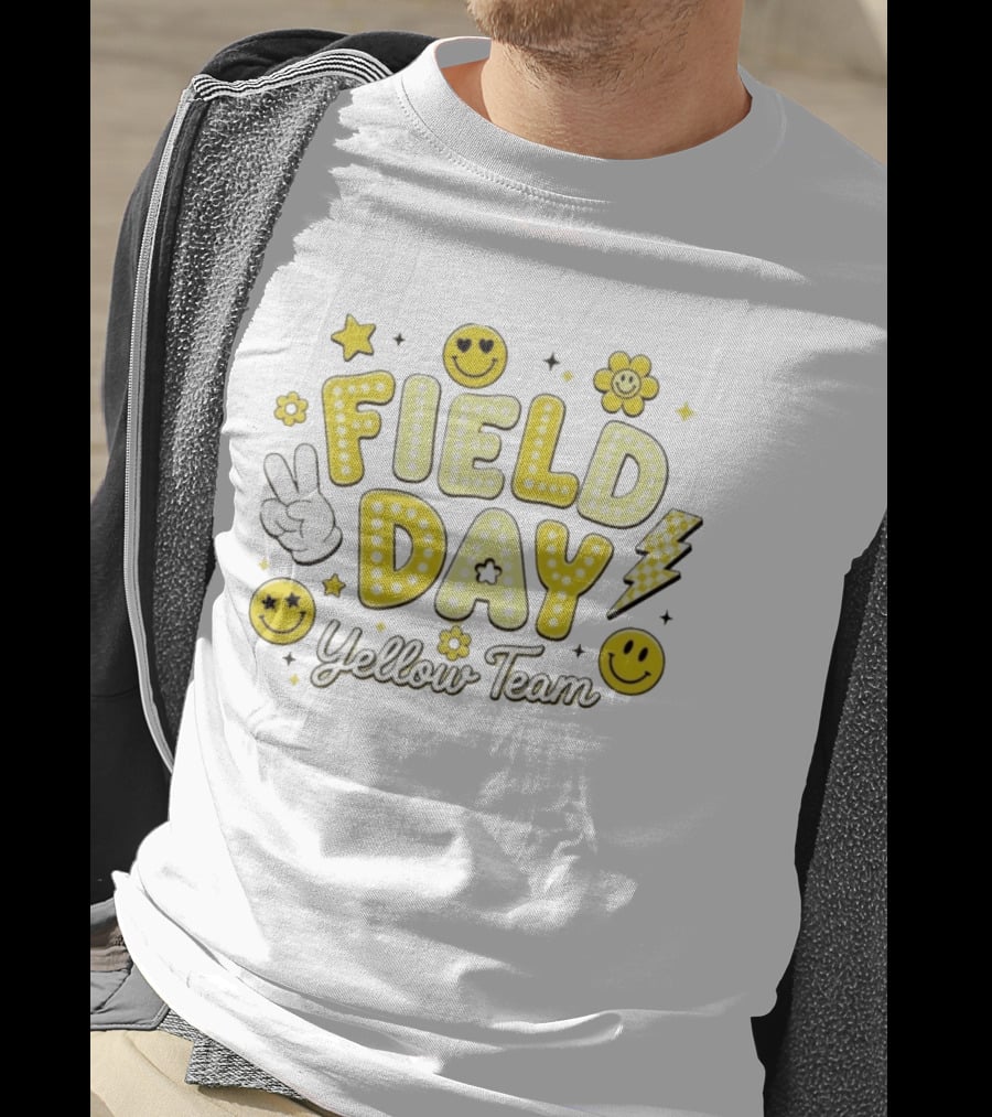 Field Day Yellow Team Smiley Faces Peace Sign Stars And Lightning Bolt T-Shirt
