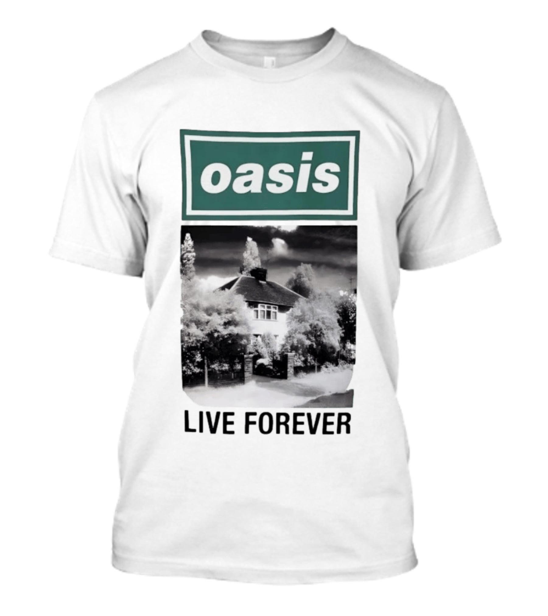 Oasis Live Forever Black And White House Image T-Shirt