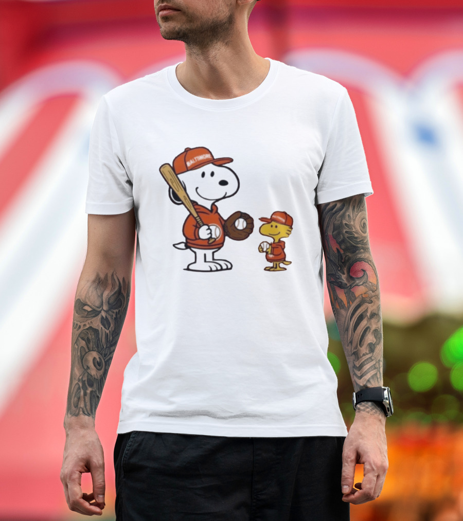 Snoopy Woodstock Baseball Baltimore Orioles Fan Gear T-Shirt