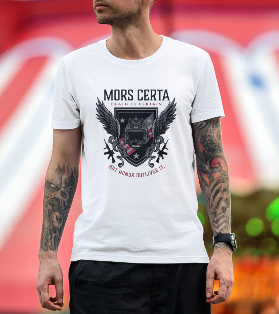 Mors Certa Death Is Certain But Honor Outlives It Winged Helmet Warrior's Legacy T-Shirt