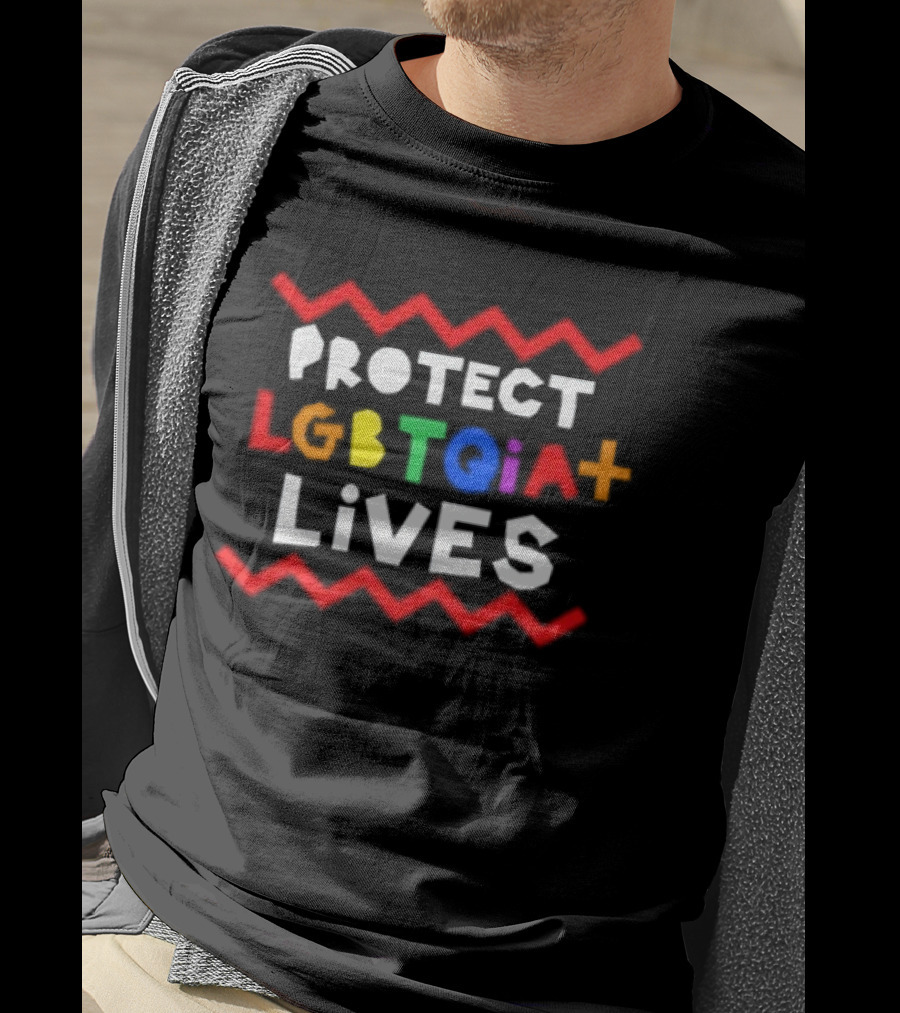 Protect LGBTQIA+ Lives Rainbow Letters With Red Zigzag Lines T-Shirt