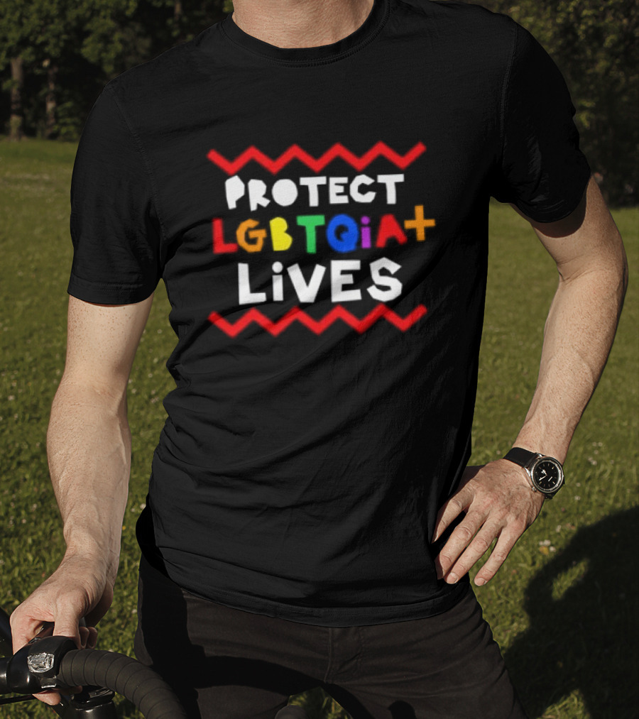 Protect LGBTQIA+ Lives Rainbow Letters With Red Zigzag Lines T-Shirt