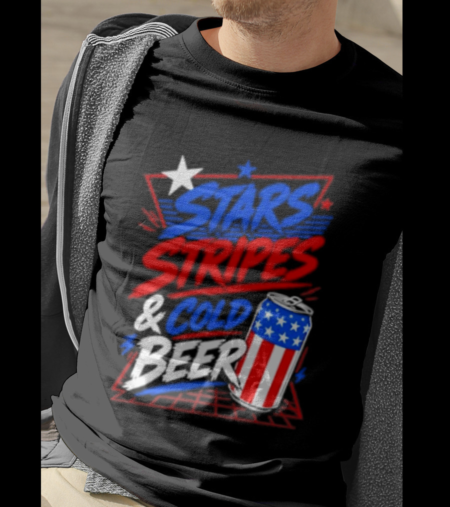 Stars Stripes And Cold Beer American Flag Can Patriotic Celebration T-Shirt