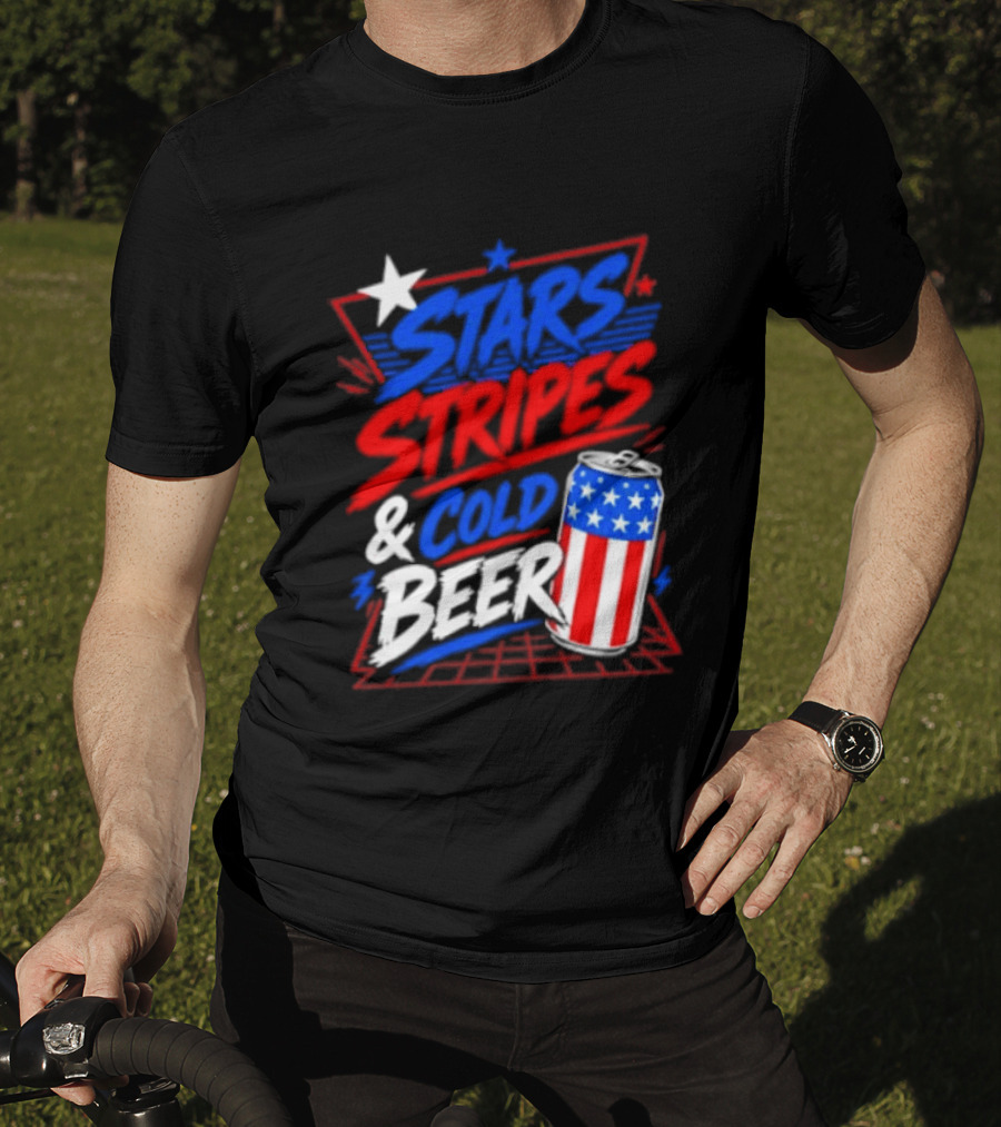 Stars Stripes And Cold Beer American Flag Can Patriotic Celebration T-Shirt