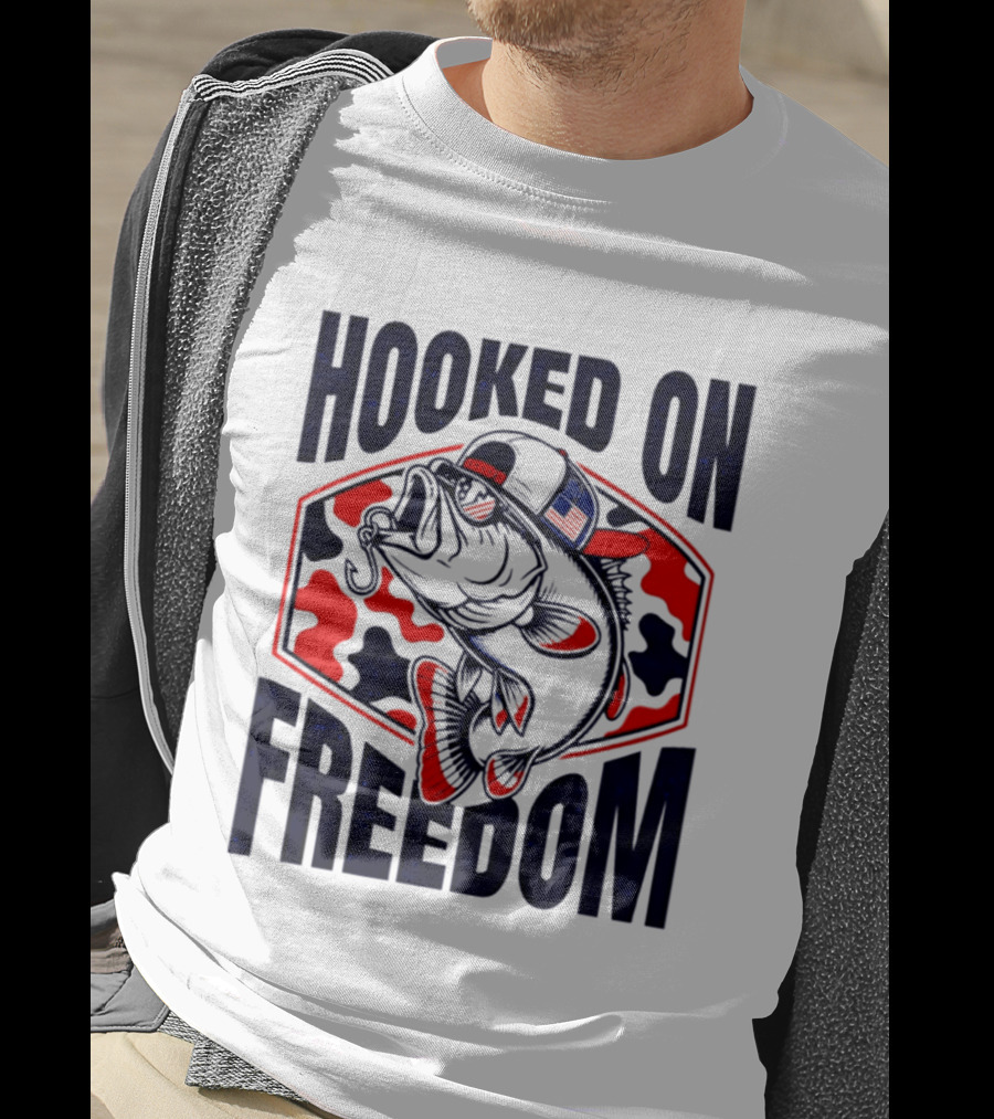 Hooked On Freedom Patriotic Fish Camo Hat T-Shirt