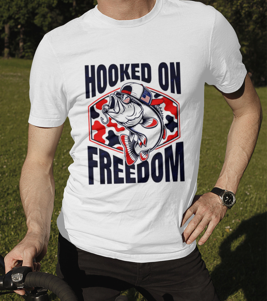 Hooked On Freedom Patriotic Fish Camo Hat T-Shirt
