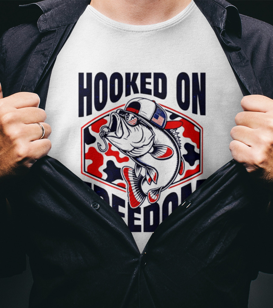 Hooked On Freedom Patriotic Fish Camo Hat T-Shirt
