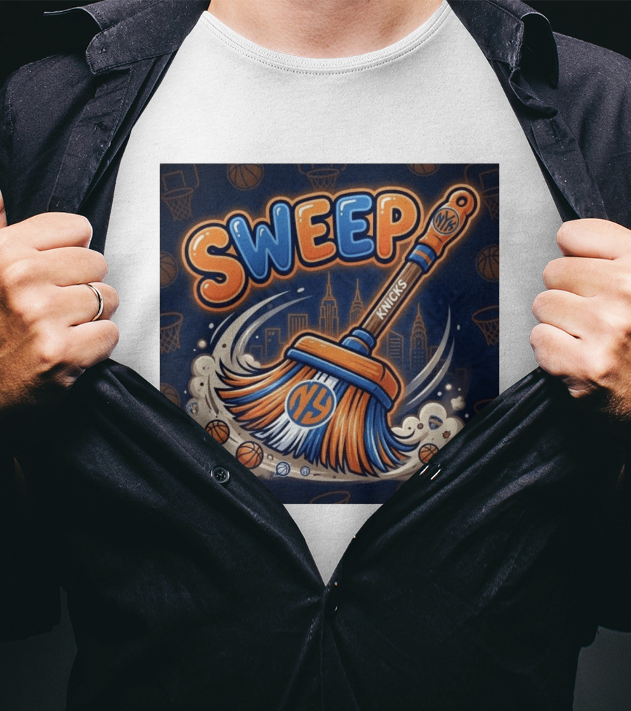 New York Knicks Sweep East Champs Basketball Skyline Broom T-Shirt