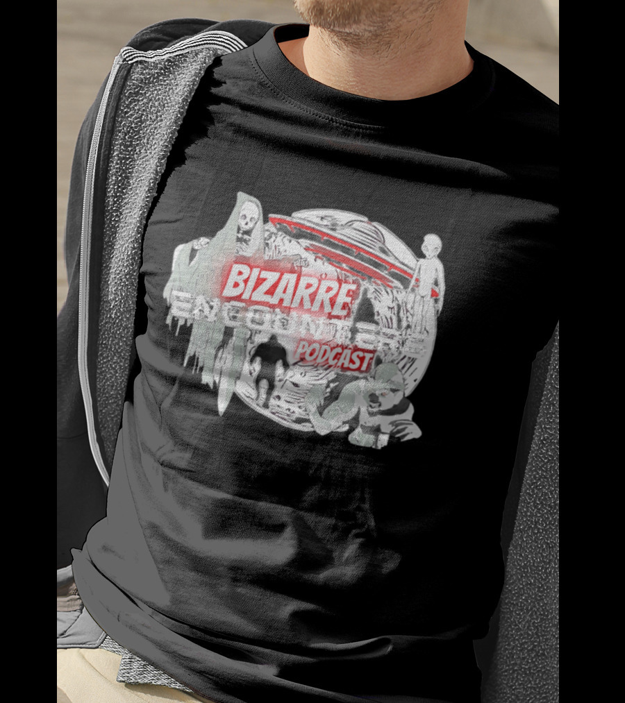 Bizarre Encounters Podcast UFO Aliens Skeletons Paranormal Illustrations T-Shirt