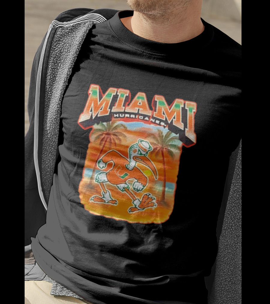 Miami Hurricanes Sebastian With Palm Trees And Sunset Beach Scene T-Shirt