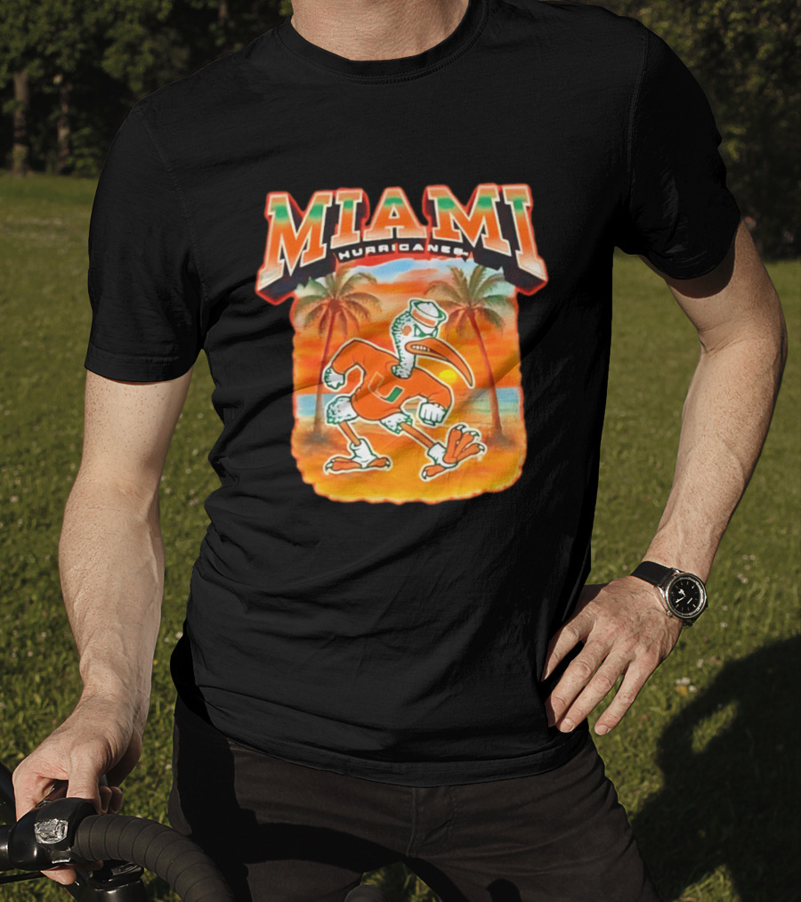 Miami Hurricanes Sebastian With Palm Trees And Sunset Beach Scene T-Shirt