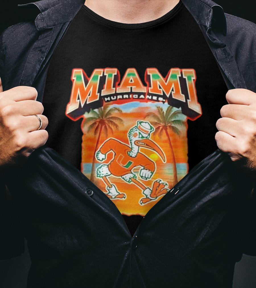 Miami Hurricanes Sebastian With Palm Trees And Sunset Beach Scene T-Shirt