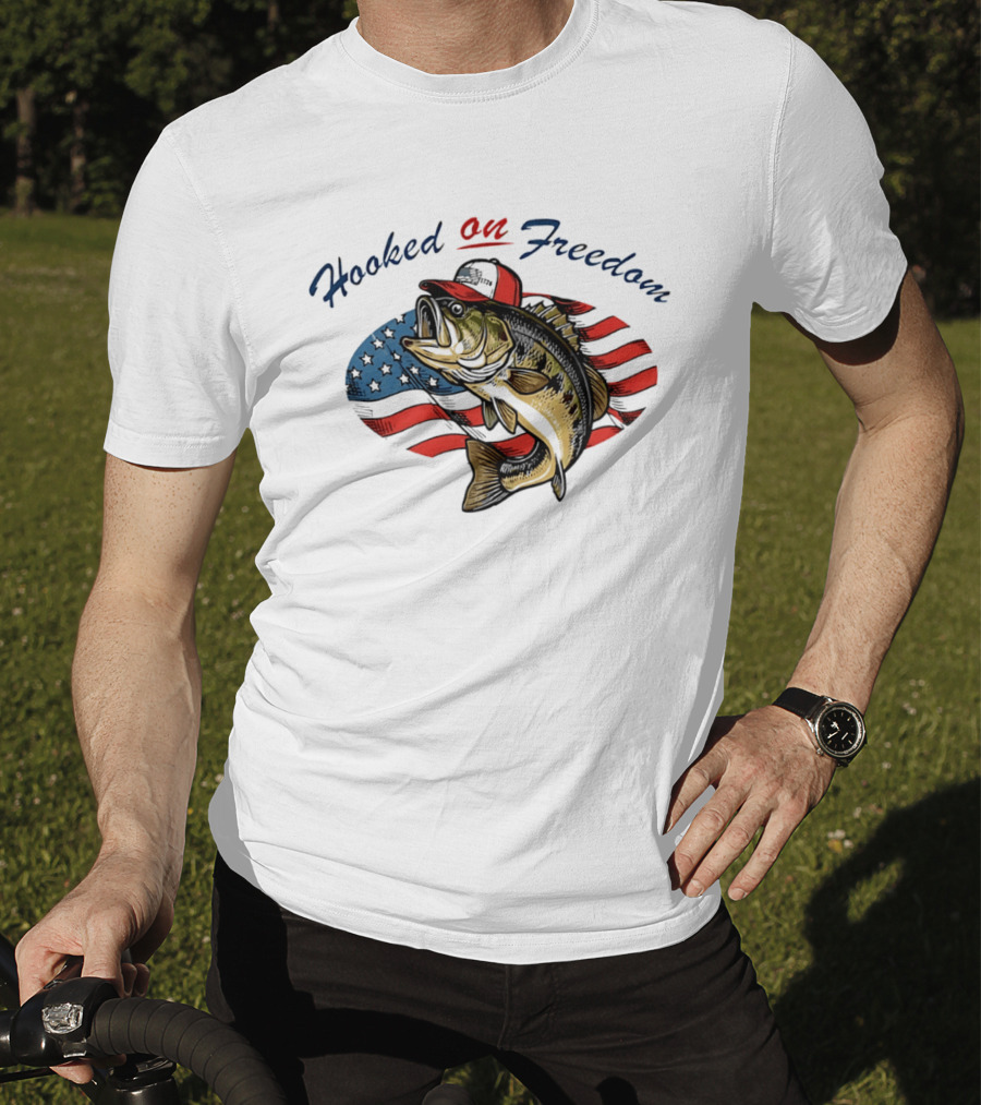Hooked On Freedom Fish American Flag T-Shirt