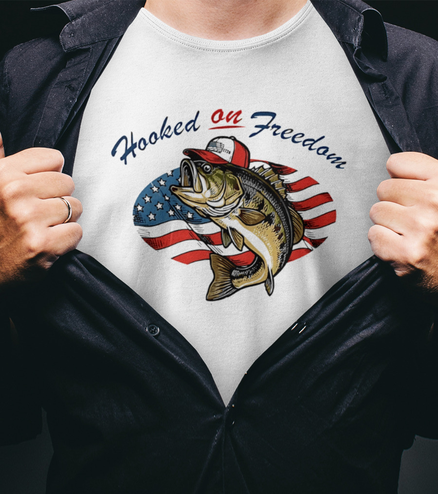 Hooked On Freedom Fish American Flag T-Shirt