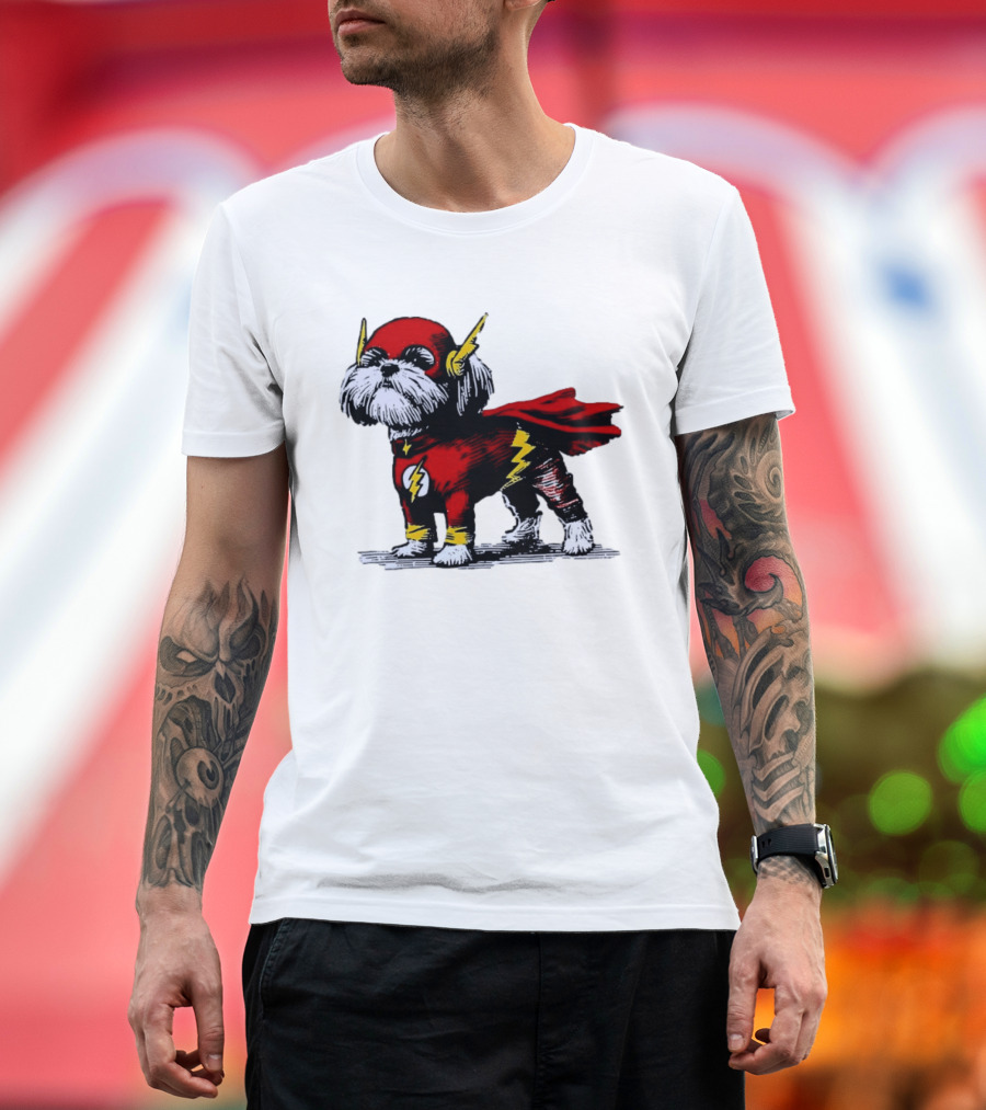 Shih Tzu Dog In The Flash Superhero Costume With Lightning Bolt T-Shirt