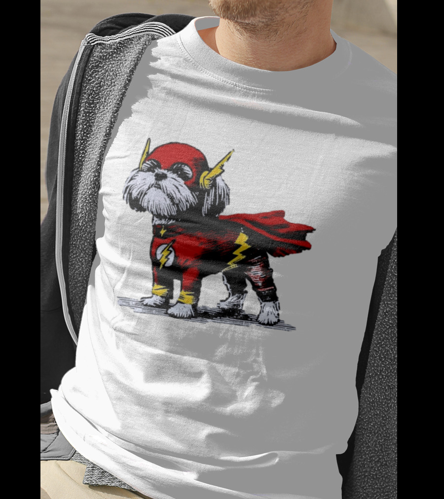 Shih Tzu Dog In The Flash Superhero Costume With Lightning Bolt T-Shirt