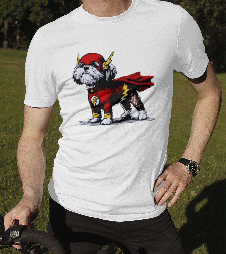 Shih Tzu Dog In The Flash Superhero Costume With Lightning Bolt T-Shirt