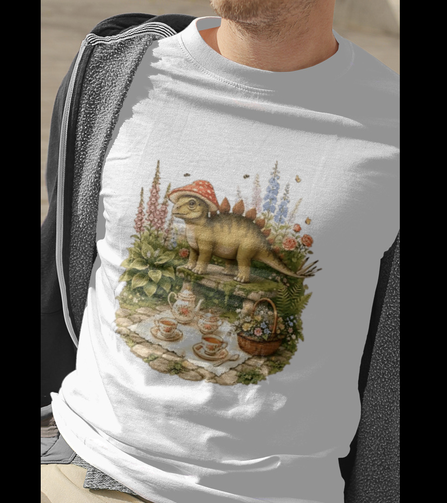 Baby Stegosaurus Wearing Red Mushroom Hat With Vintage Tea Party Garden Scene T-Shirt