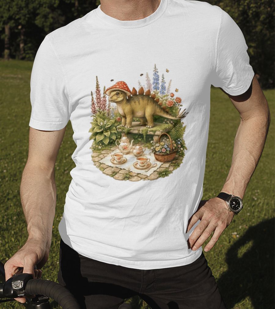 Baby Stegosaurus Wearing Red Mushroom Hat With Vintage Tea Party Garden Scene T-Shirt