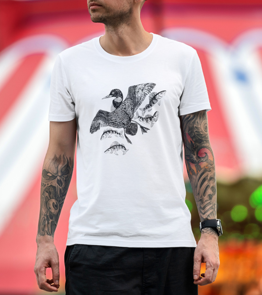 Common Loon And Fish Nature Scene Black T-Shirt