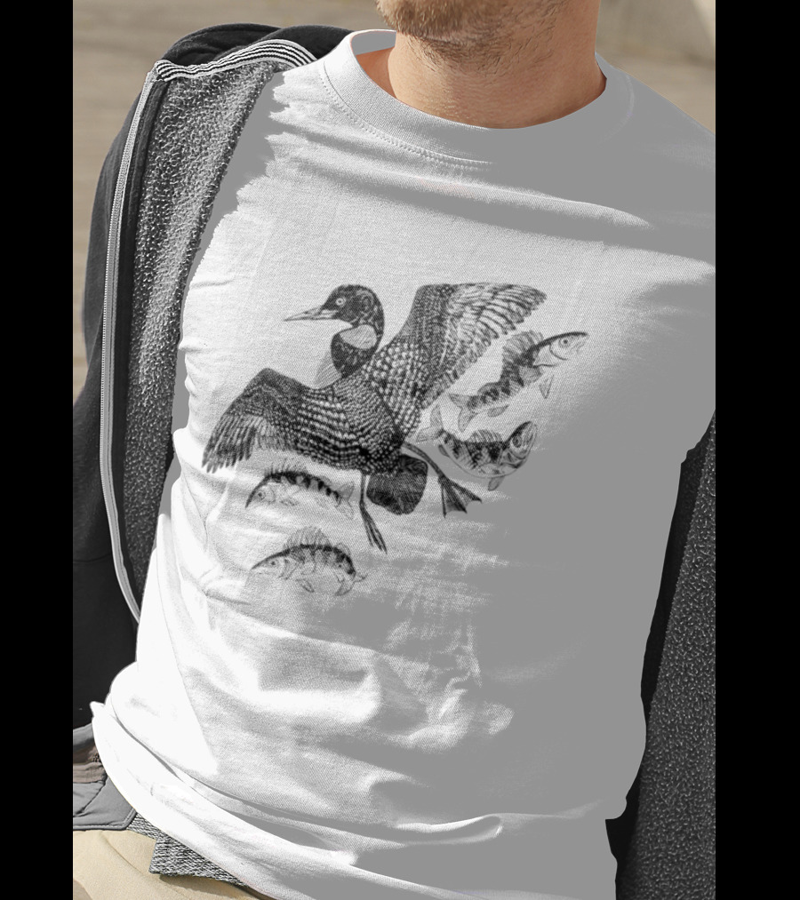 Common Loon And Fish Nature Scene Black T-Shirt