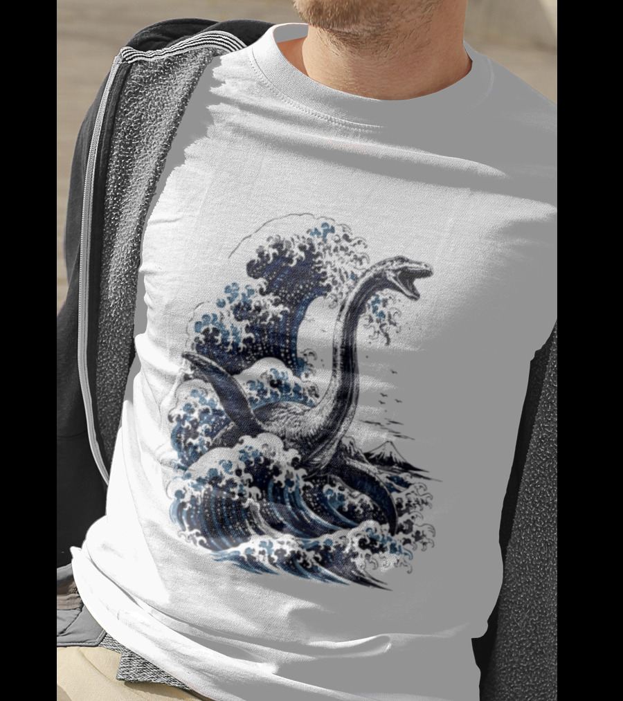 Great Wave Off Kanagawa Loch Ness Monster Mount Fuji Fusion T-Shirt