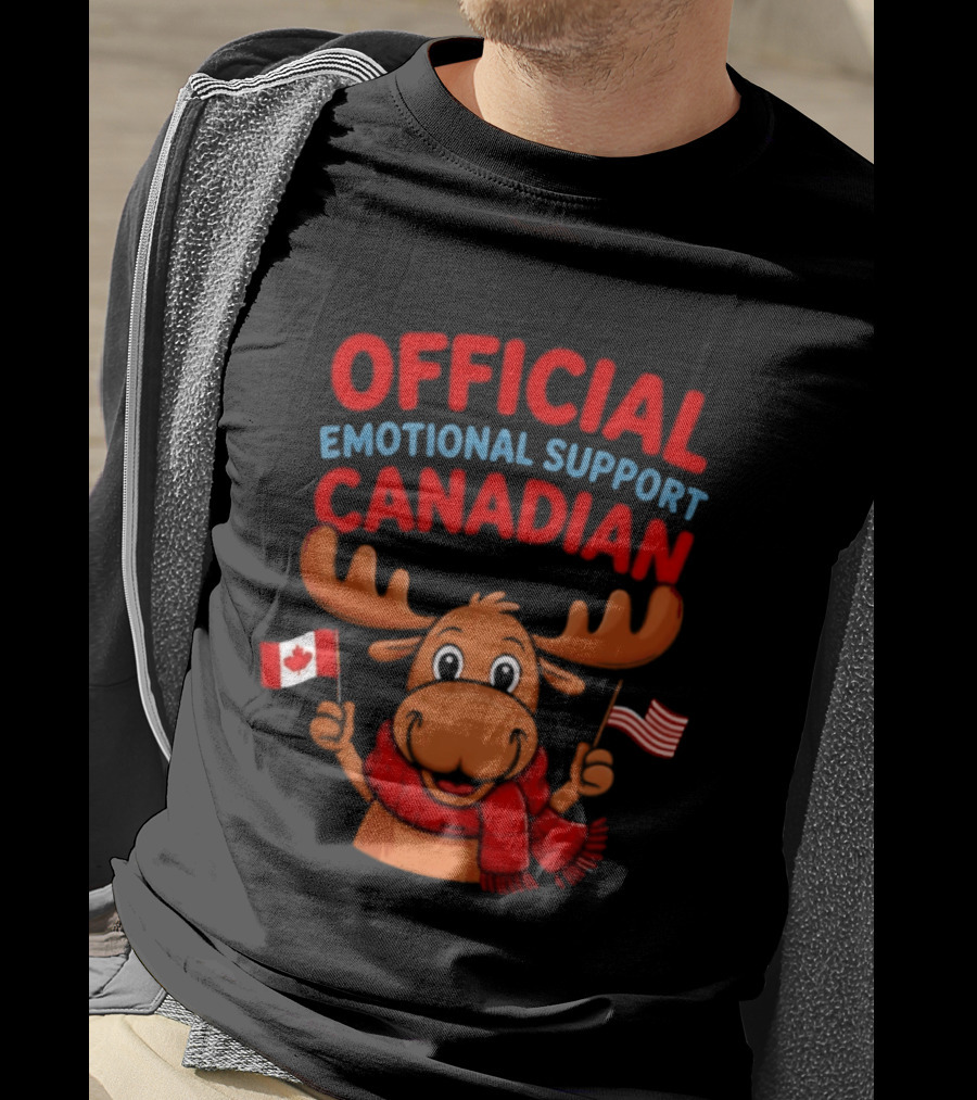 Official Emotional Support Canadian Moose With Canadian And American Flags T-Shirt