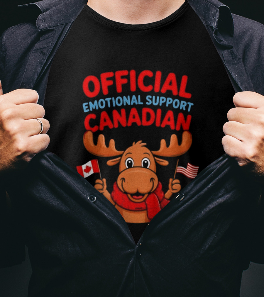 Official Emotional Support Canadian Moose With Canadian And American Flags T-Shirt