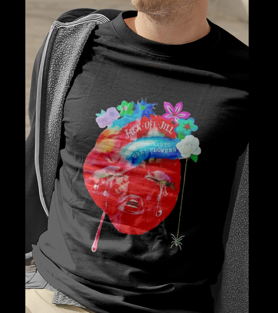Jack Off Jill Clear Hearts Grey Flowers Crying Face With Colorful Floral Accents T-Shirt